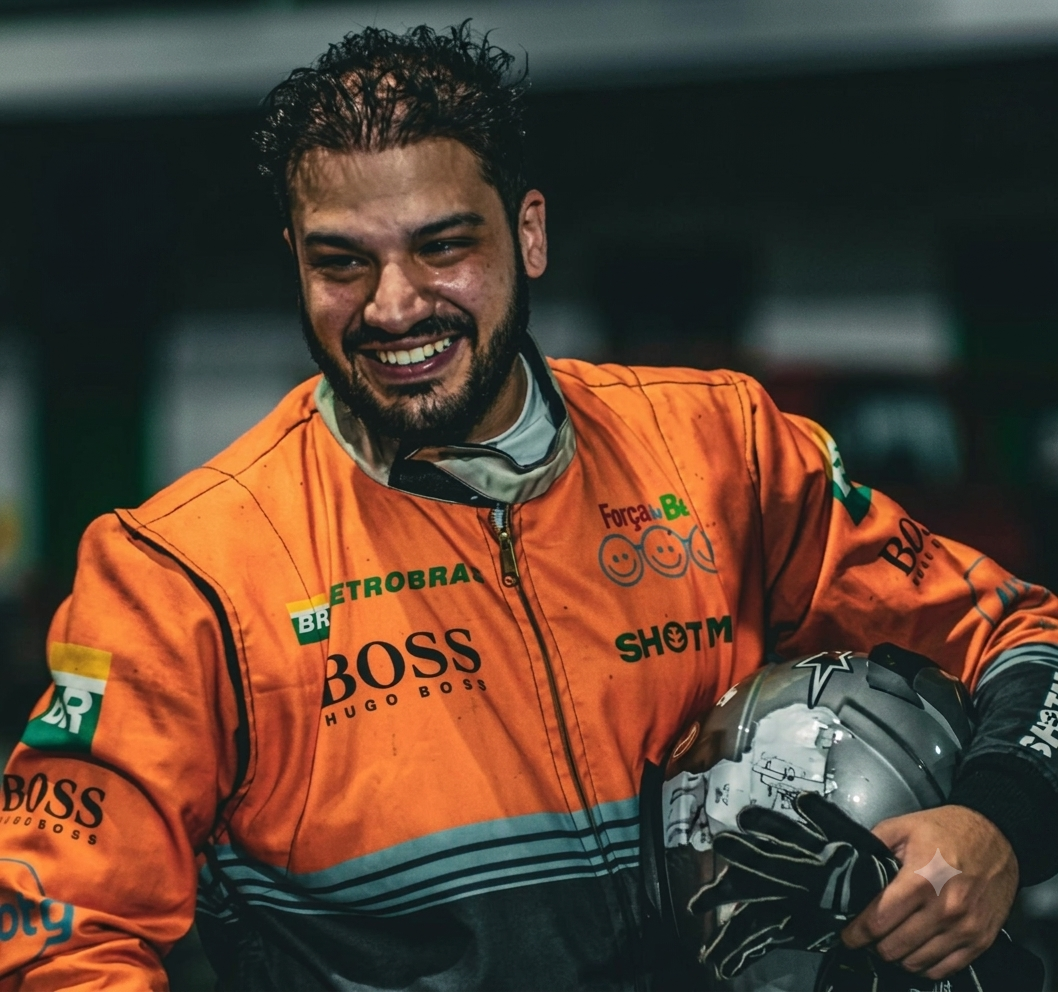 Vitor Veras, criador da rifa, com macacão de kart
